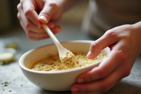 Hands mixing ingredients in a bowl.