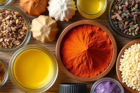 Close-up of natural ingredients like herbs and oils.