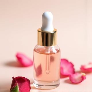 Bottle of rose face serum.